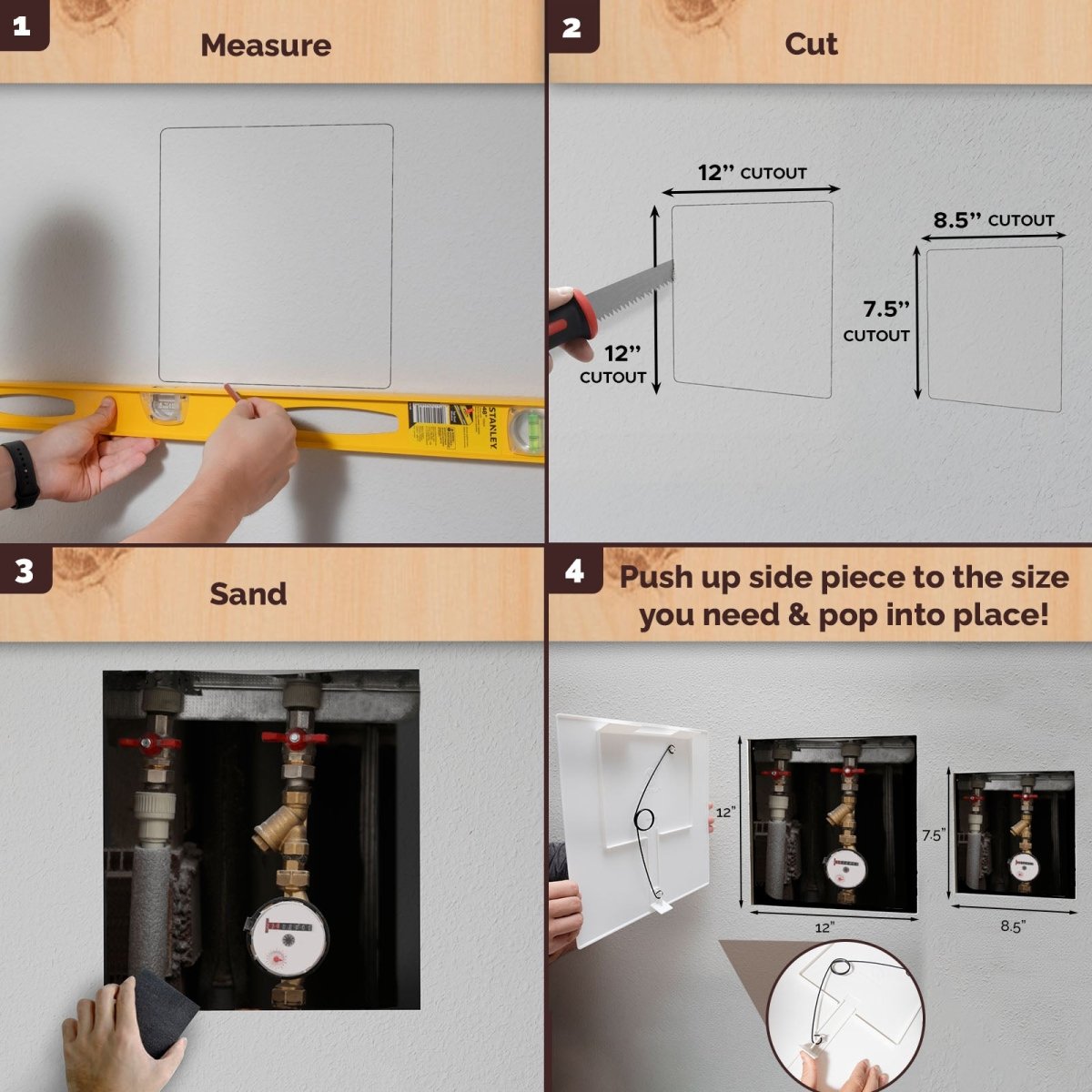 Step-by-step guide on how to install your drywall access panel for sheetrock with measurements and illustrations.