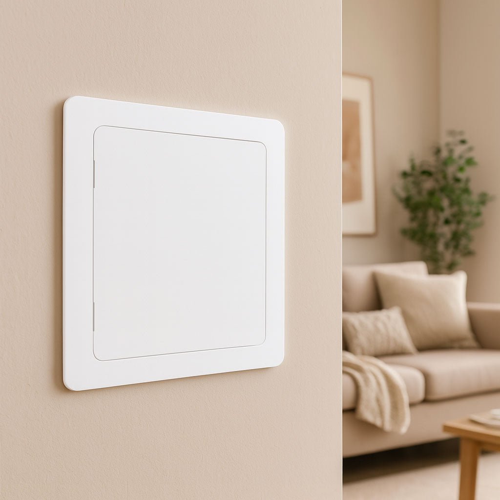 14x14 12x12 Hinged Door Access Panel for Drywall and Sheetrock, Lifestyle Living Room Wall Image, 4 Pack